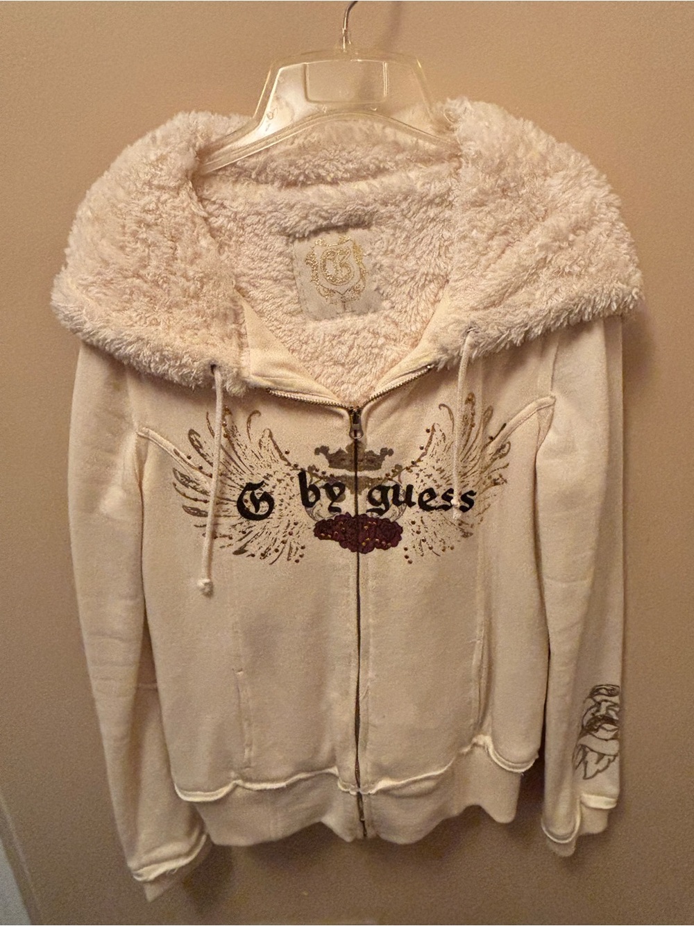 G by Guess Cream Plush-Lined Zip Hoodie with Crest Graphic
